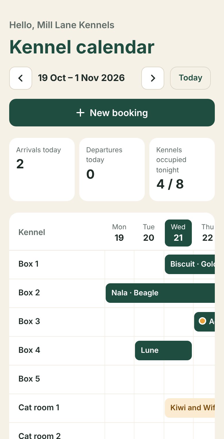 Nichée on a phone: the kennel calendar with today's arrivals and departures