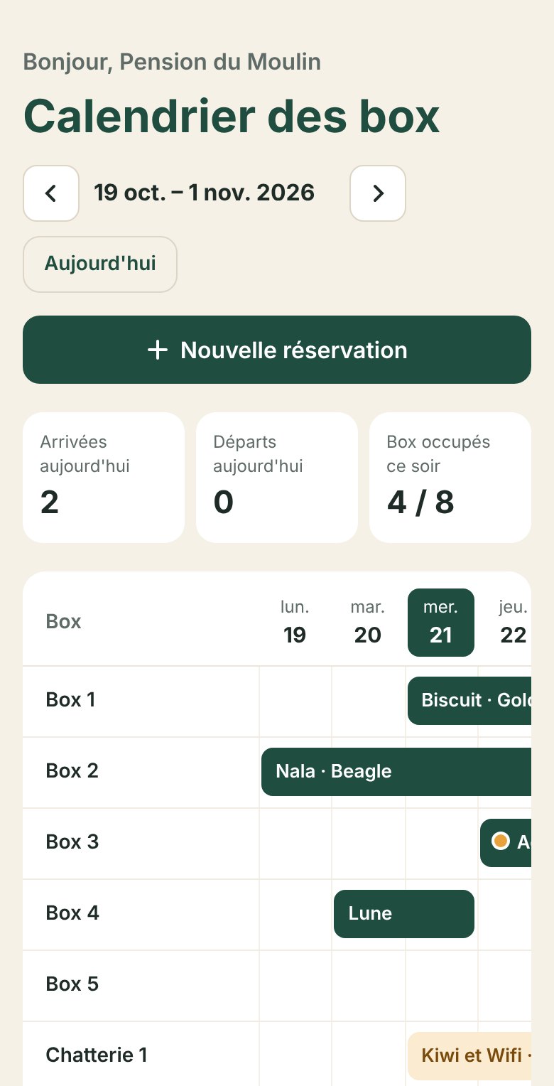 Nichée sur téléphone : le calendrier des box, les arrivées et les départs du jour